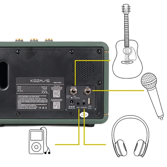KOZMOS Aura-30 Uygulama ile Kontrol Edilebilen Akustik Enstrüman Amfisi ve Bluetooth Hoparlör